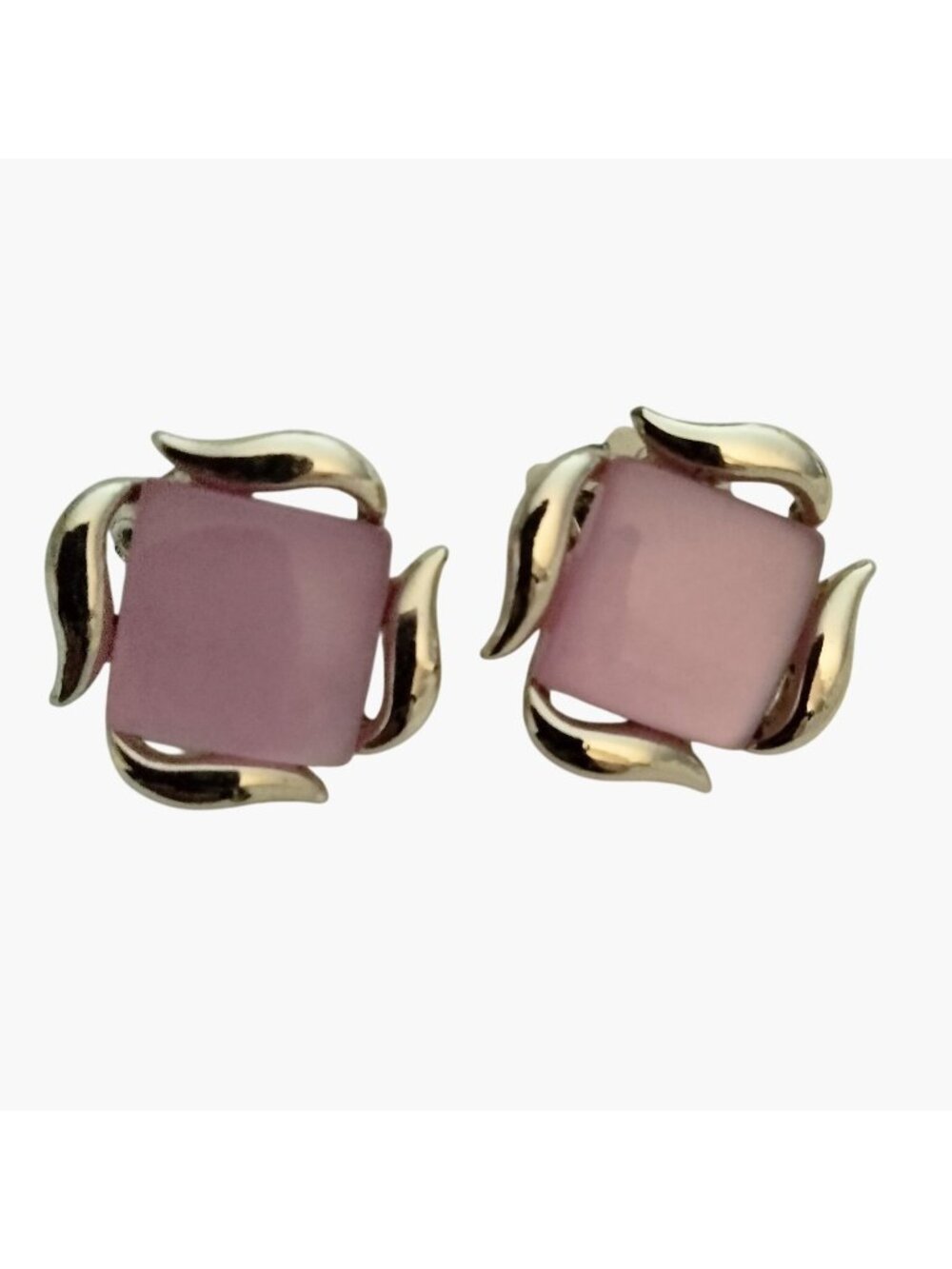 Clip On Earrings Pink Square Lucite Inlays Vintage Gold Tone